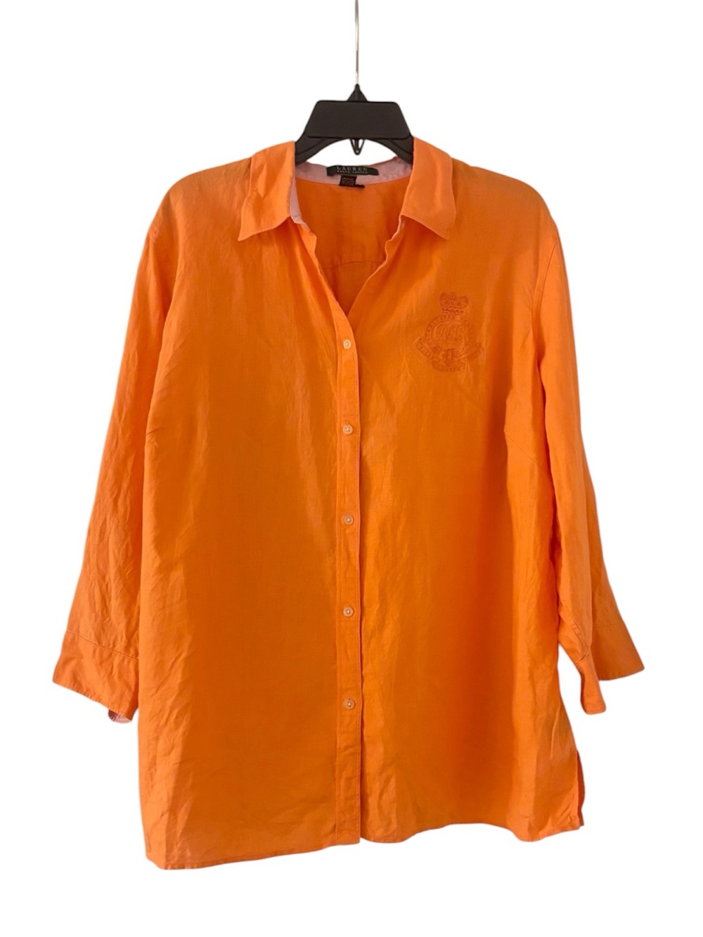 LAUREN RALPH LAUREN Bright Orange 100% Linen Button Down Shirt with Crest